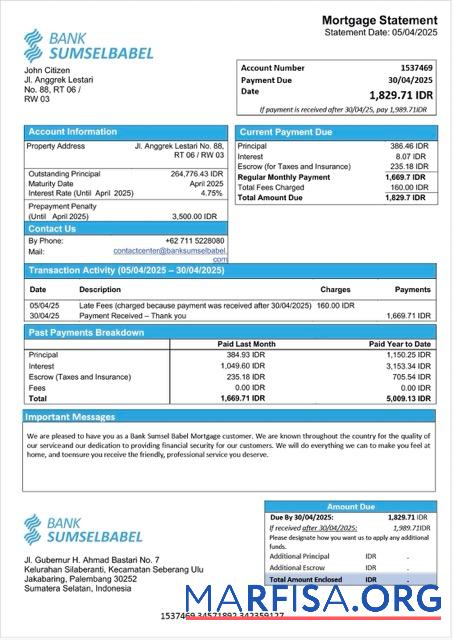 Printable Indonesia Bank Sumsel Babel mortgage statement Word and PDF template